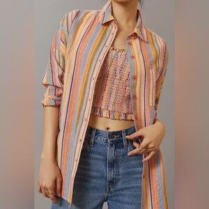 Anthropologie Pilcro Long-Sleeve Boyfriend Striped Shirt Peach‎ Metallic Size XS
